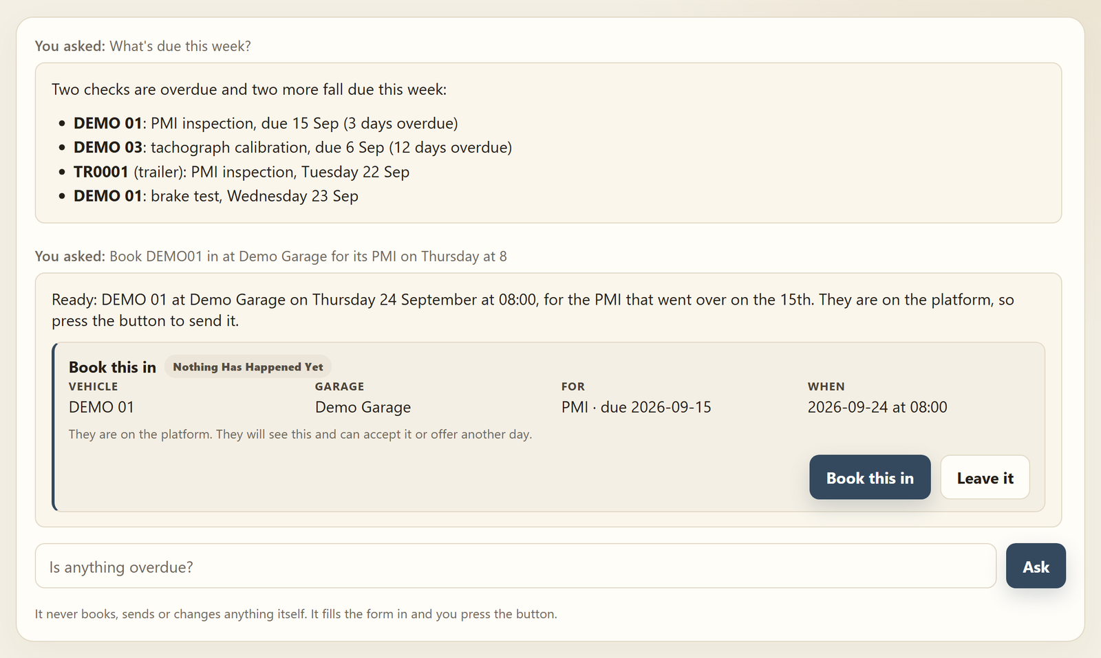 The office assistant listing what is due this week, then preparing a booking with the garage for a person to confirm