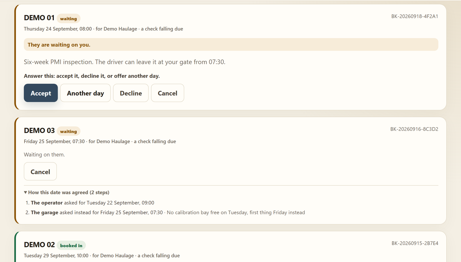The garage's bookings from an operator: one waiting for its answer, one moved to another day, one booked in