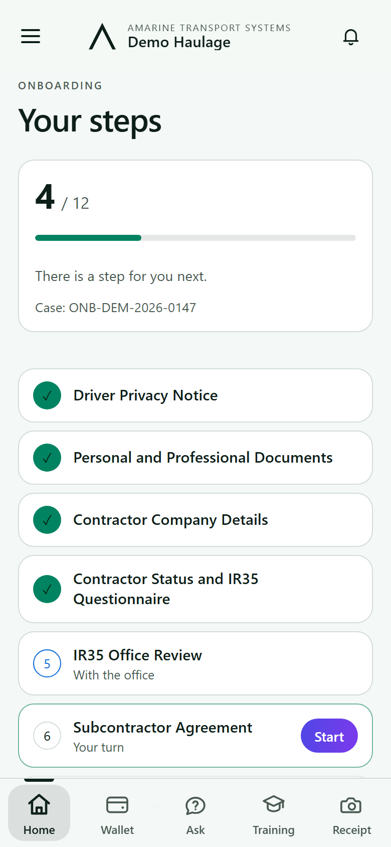 Onboarding in the driver app: four of twelve steps done, and the next one the driver's turn