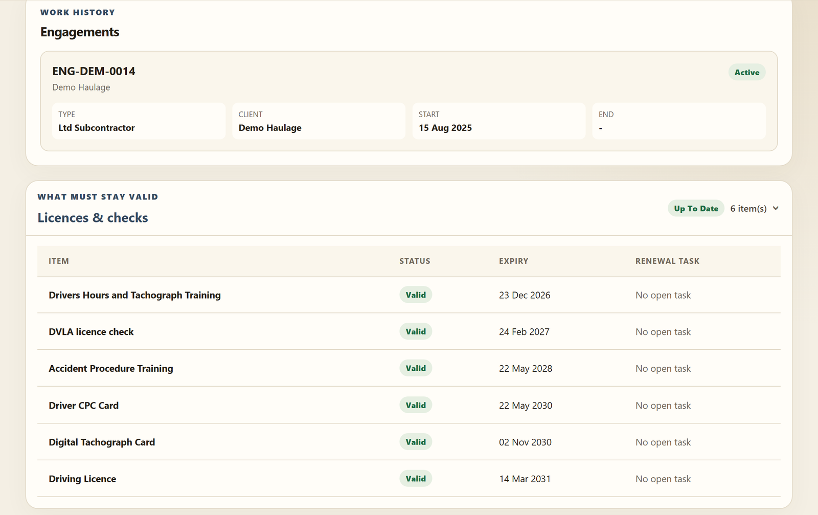 A driver's file in the office portal: the engagement, and every licence, card, check and training valid with its expiry date