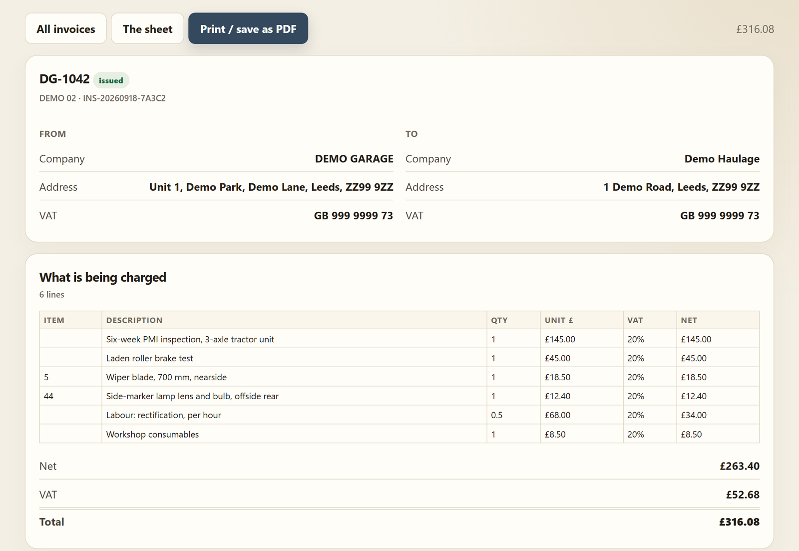 A garage invoice to the operator: the inspection, a brake test, parts and labour