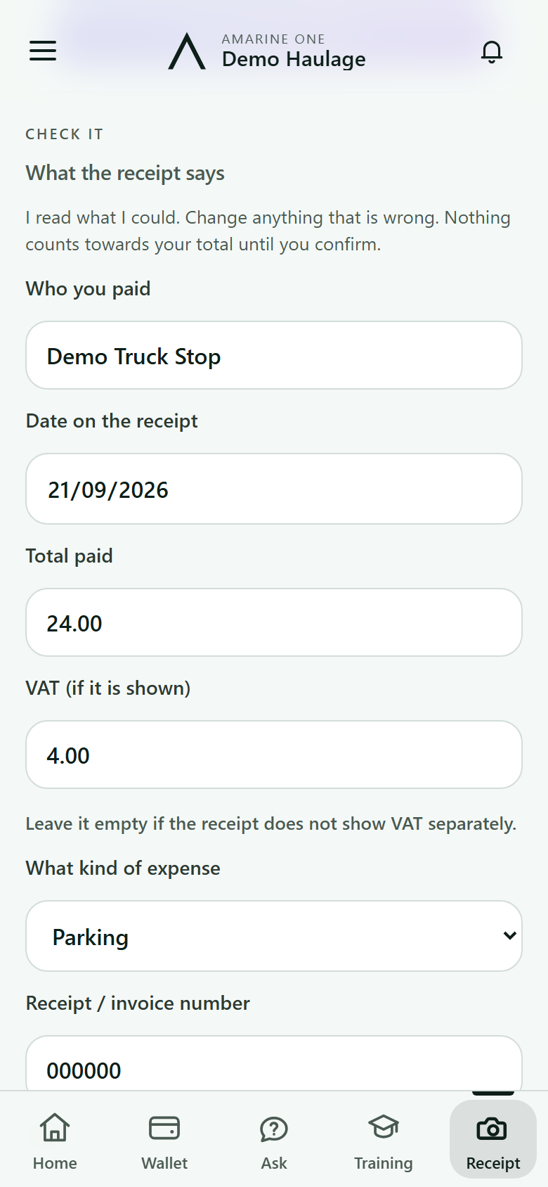 Expenses: a receipt read from its photo, waiting to be confirmed