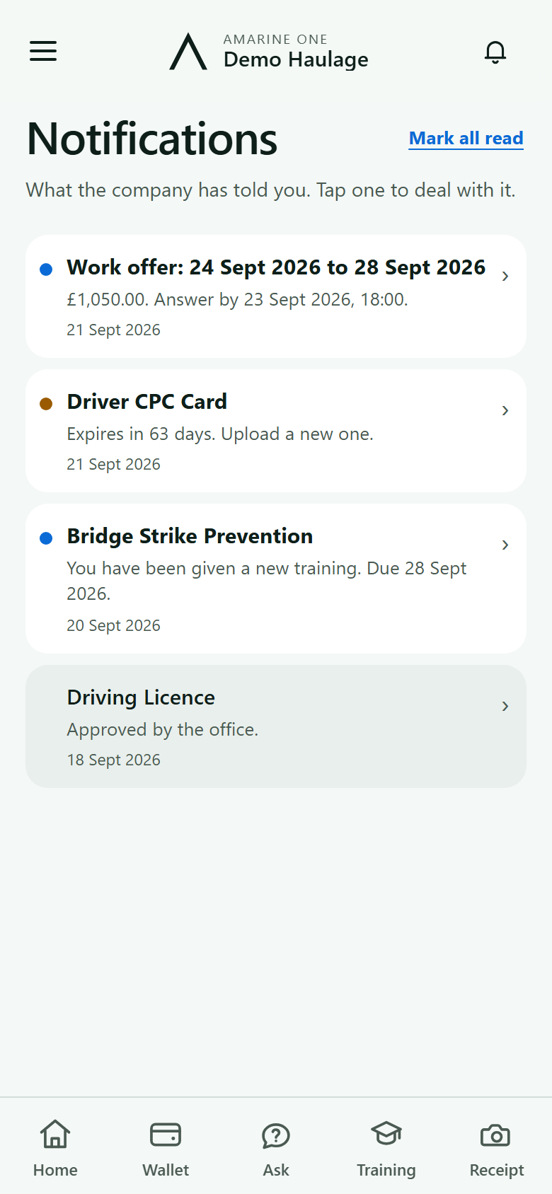 Notifications: a document running out, a training given and an agreement to sign