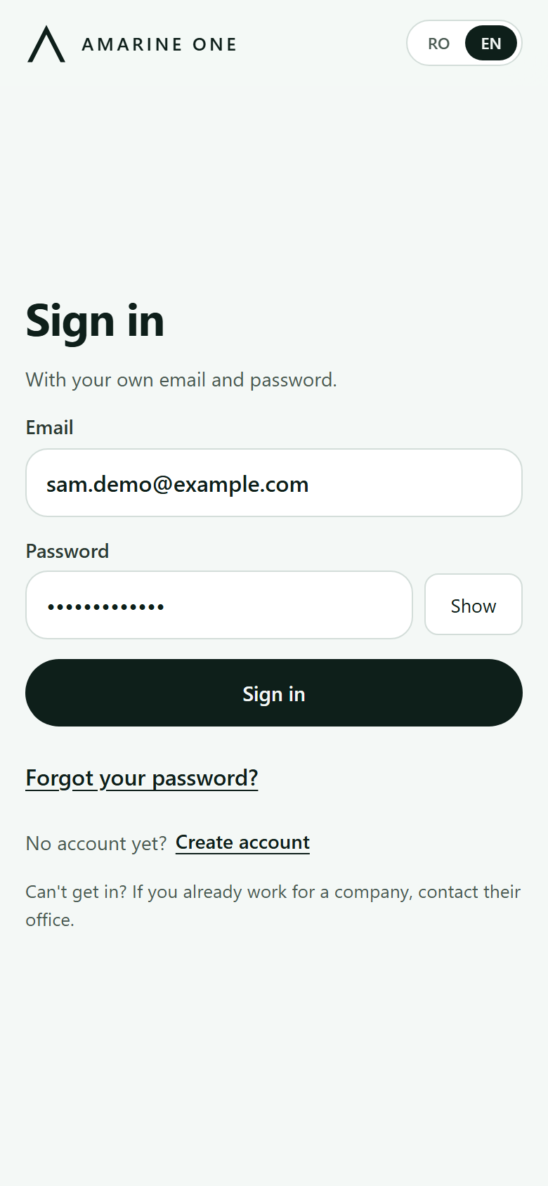 The driver app's sign-in screen: email, password, Sign in, Forgot your password and Create account