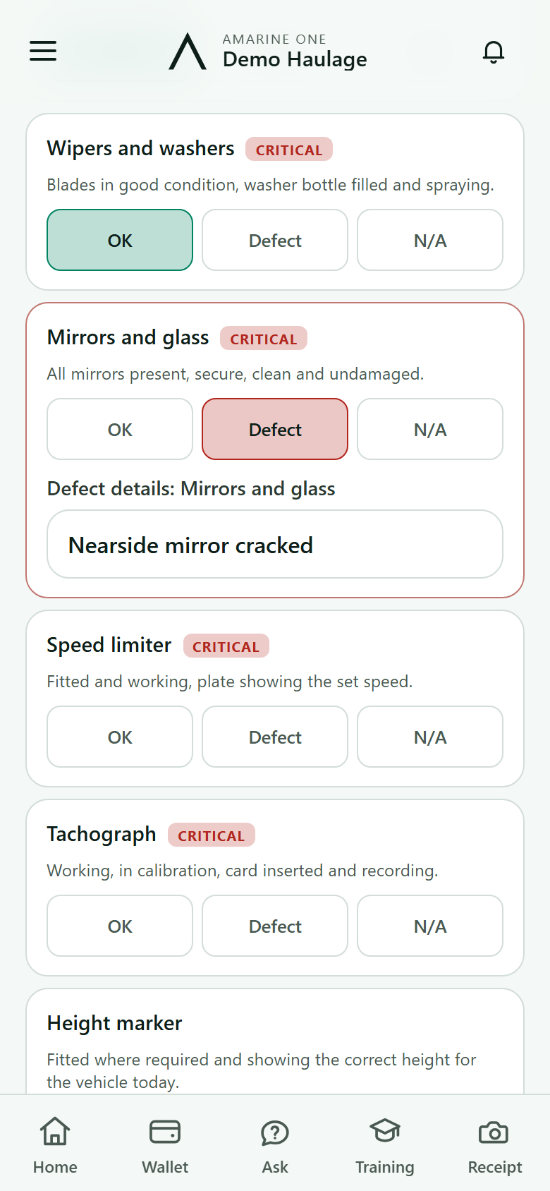 The walkaround list with an item marked as a defect and its details written in