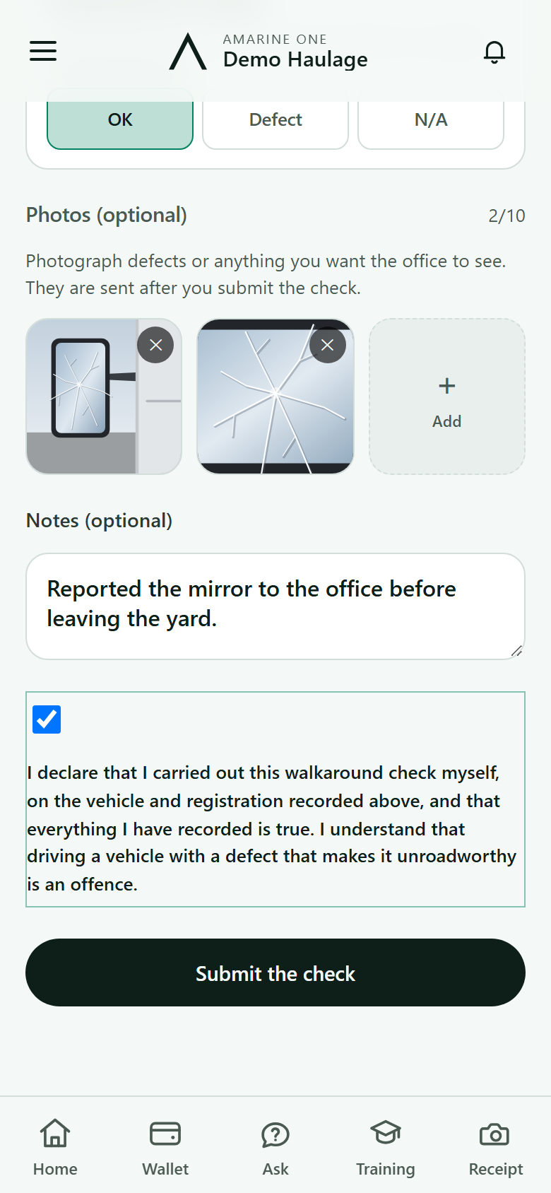 The end of the walkaround: photos, notes, the declaration and Submit the check