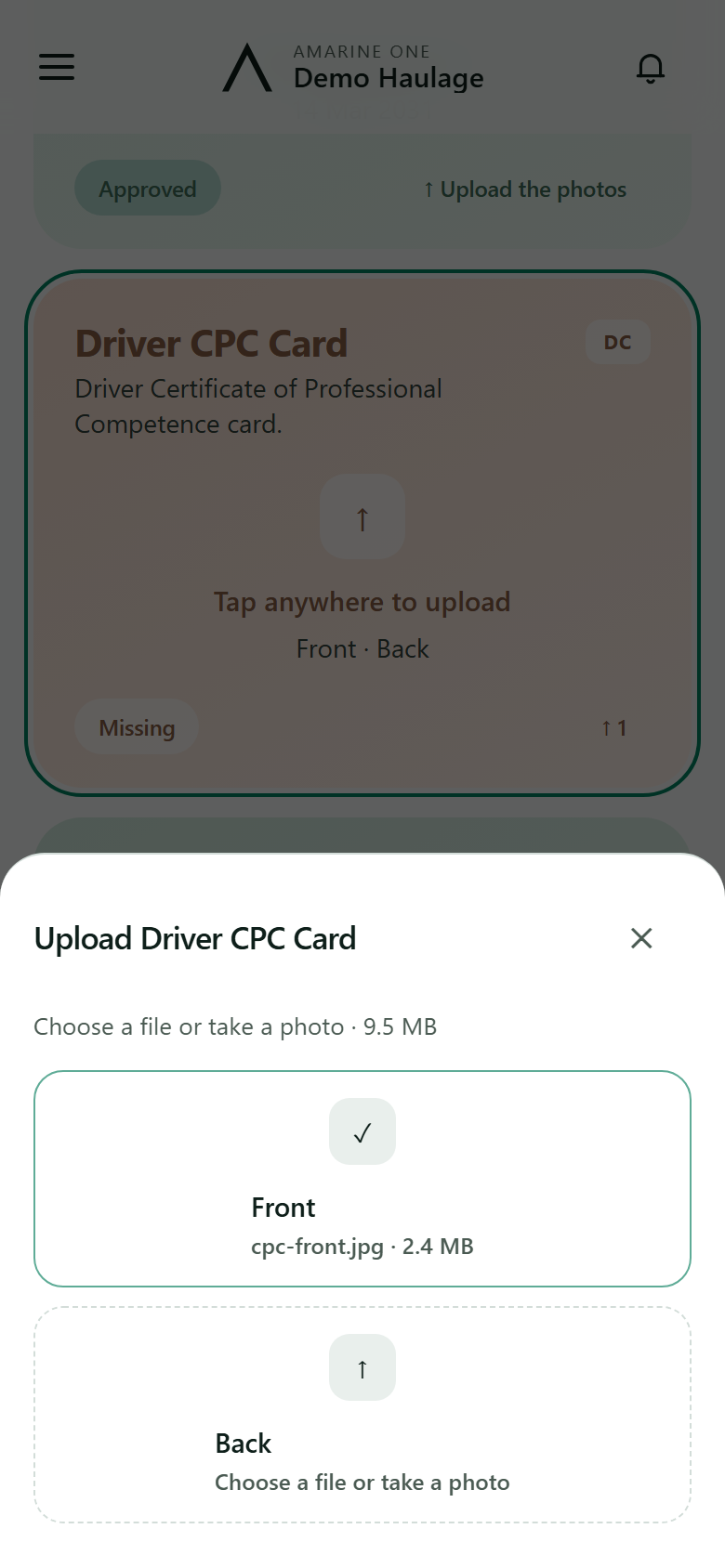 Adding a document to the wallet: the front and back to photograph, and Send for reading