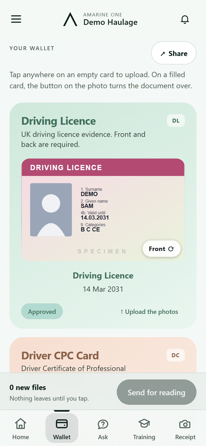 The wallet: document cards with their status and expiry