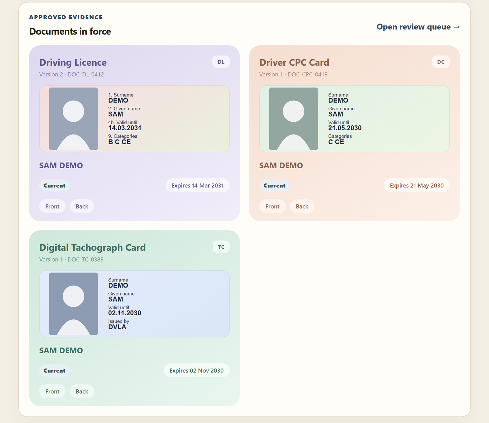 Documents in force on Driver 360: the driving licence, CPC card and tachograph card with their expiry dates