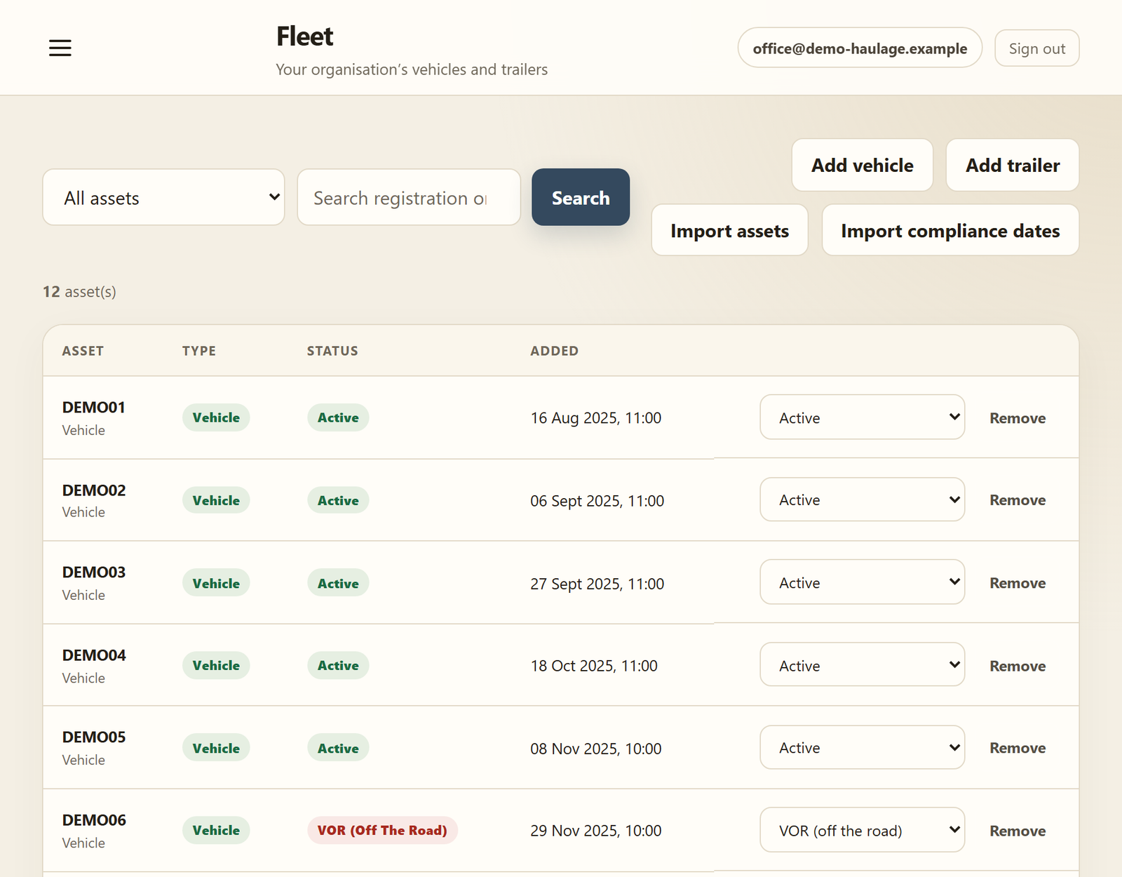 The fleet: lorries and trailers with their status, Add vehicle, Add trailer and Import assets