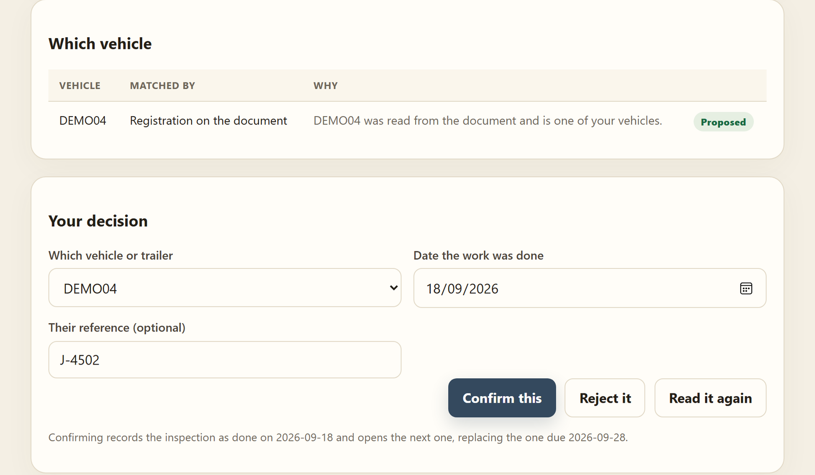 Arriving documents: a PMI sheet read and waiting, with the vehicle proposed and the Confirm this button