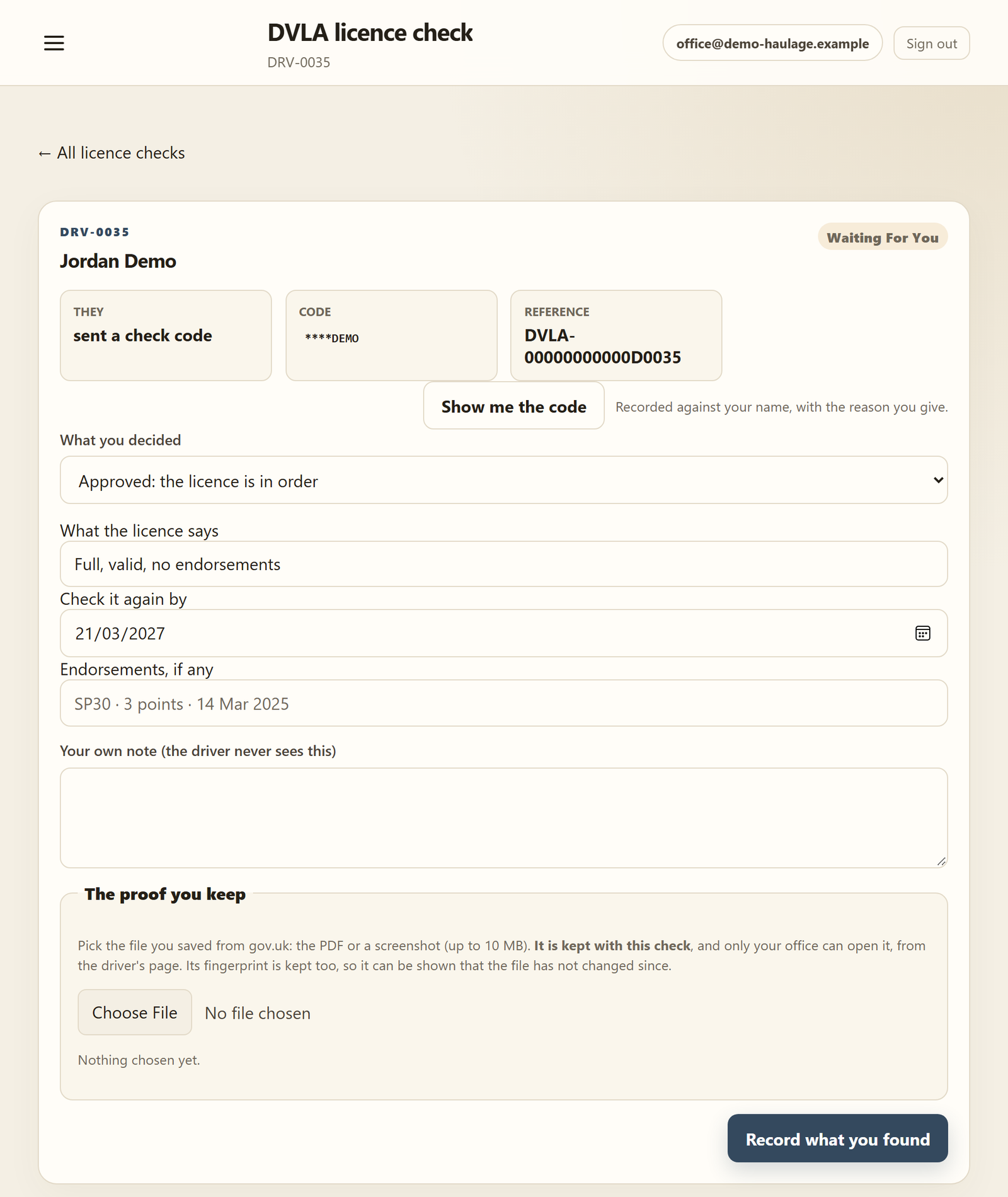 A licence check opened: Show me the code, what you decided, what the licence says, when to check again, the gov.uk file, and Record what you found