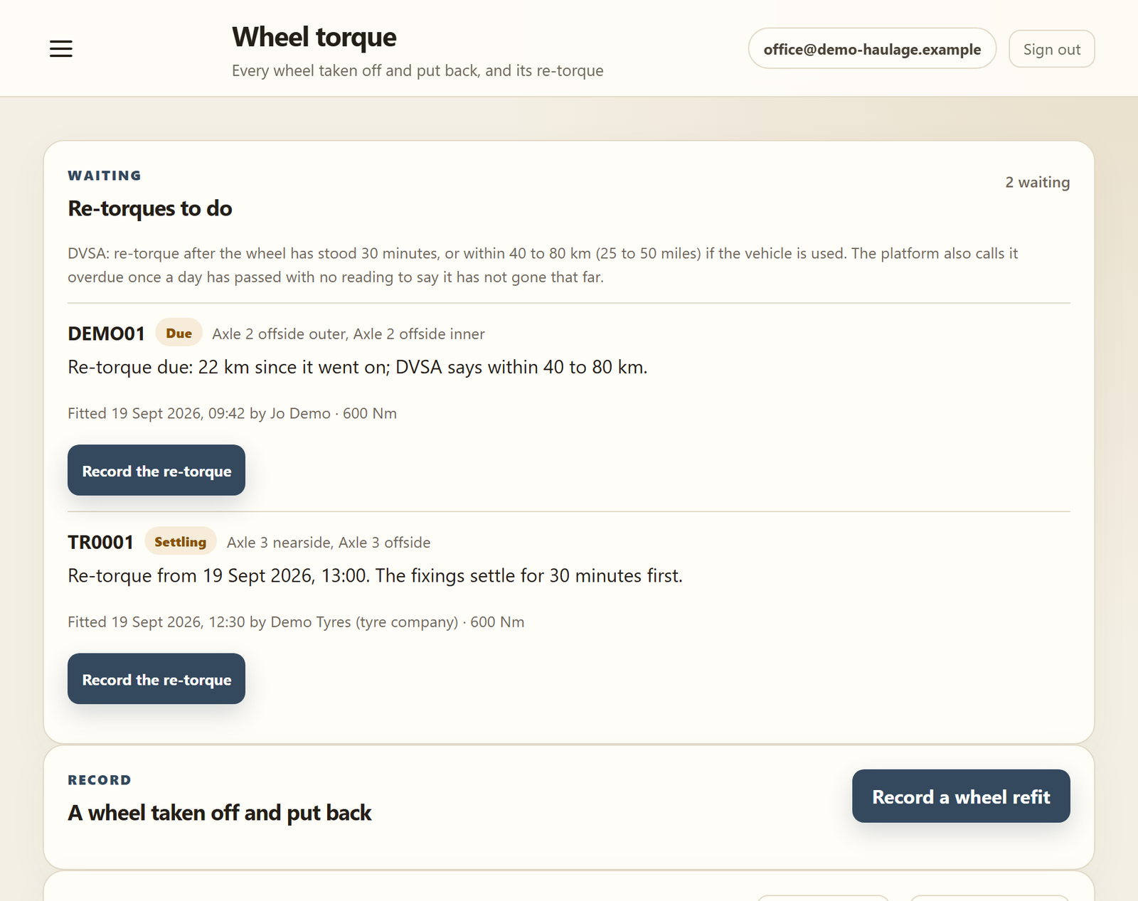 The wheel torque register: a re-torque due, one settling, and one done