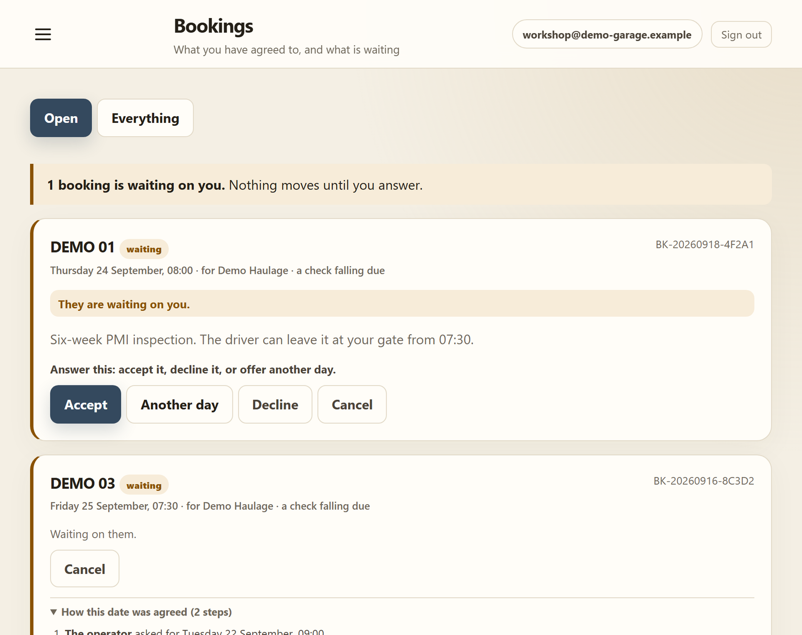 Bookings: one waiting for an answer with Accept, Another day and Decline, and one booked in