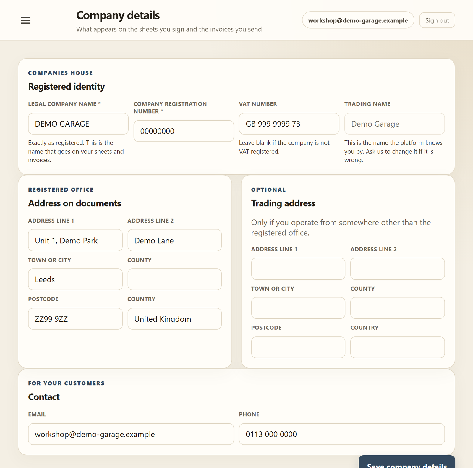 The workshop's company details: registered identity, address on documents and contact