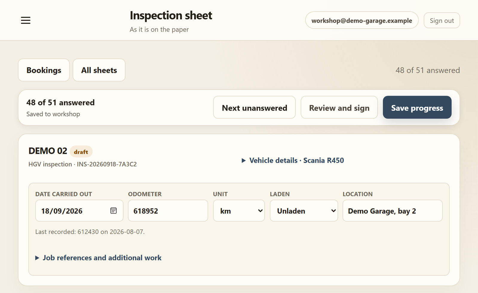 The top of the inspection sheet: vehicle details, date carried out, odometer, laden and location