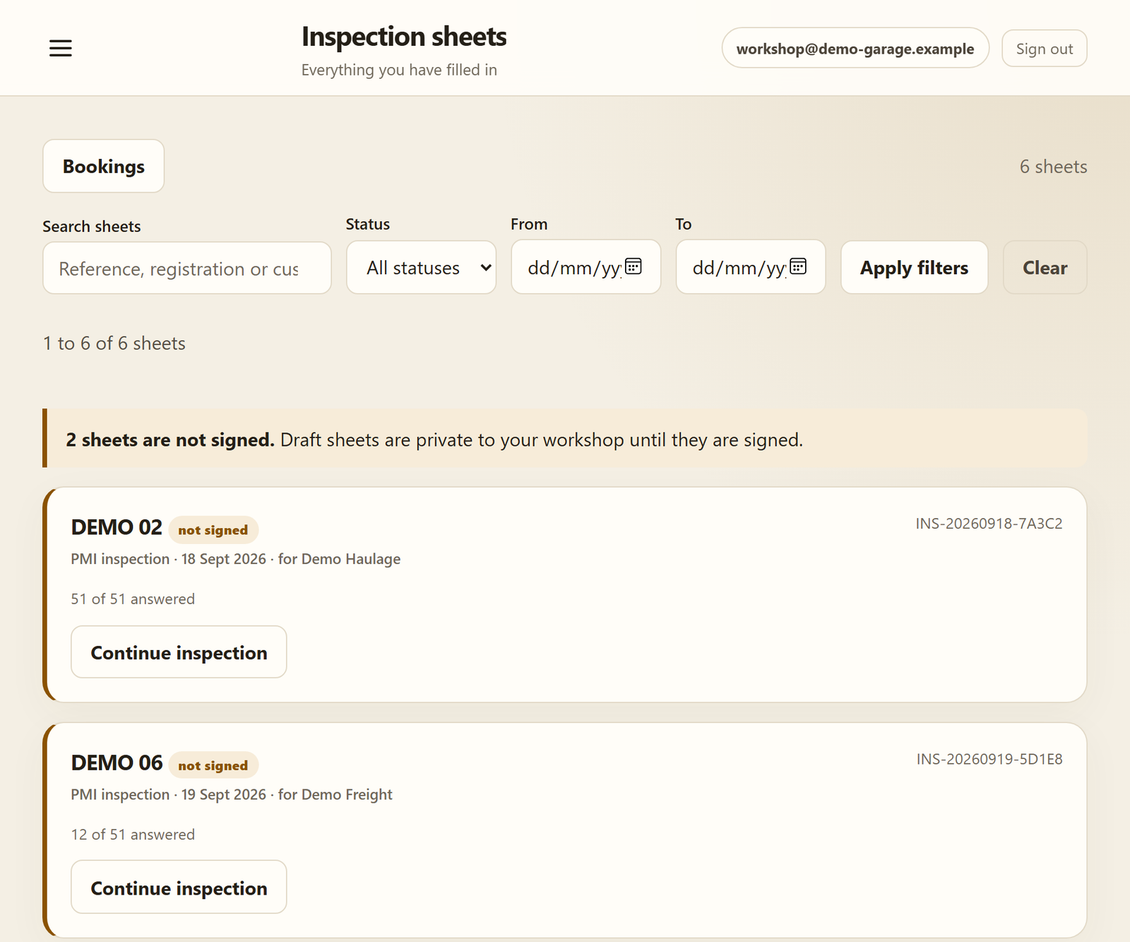 The list of inspection sheets with drafts and signed sheets, search and status filters