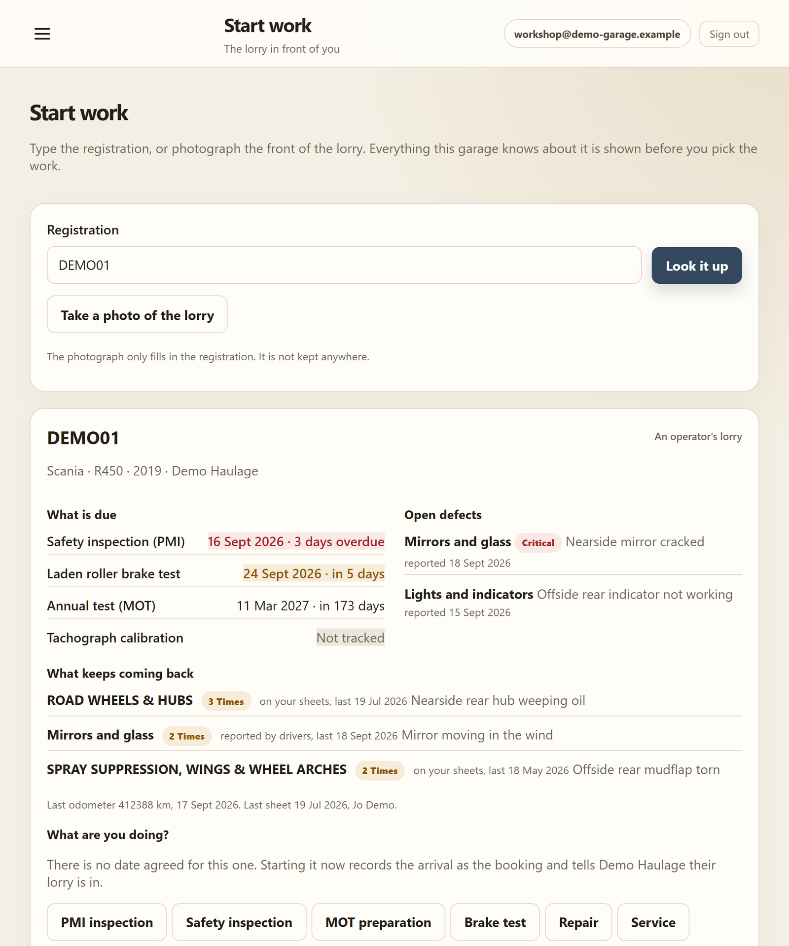 Start work: the registration typed in, what is due, the open defects, what keeps coming back, and the kinds of work